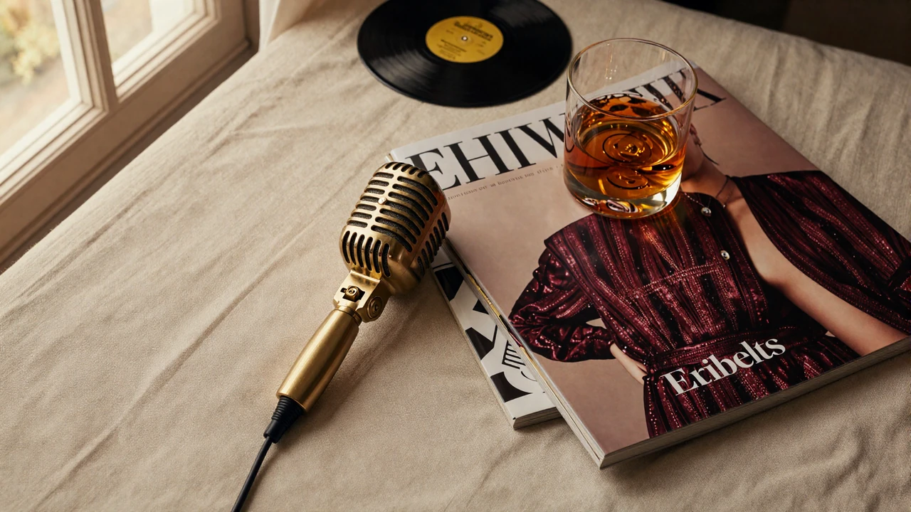 Editorial still life with brass microphone, magazines and whiskey illustrating Big Dick Energy cultural commentary