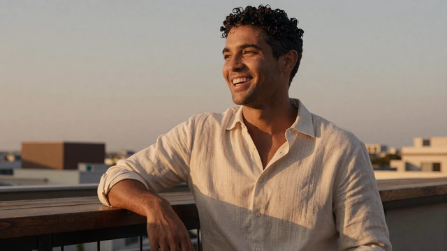 Confident BDE dating member laughing at golden hour rooftop