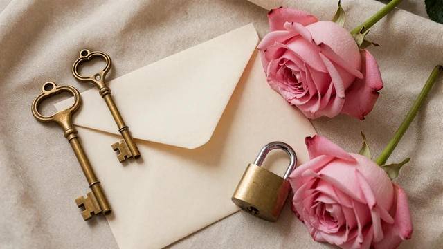 Editorial flat lay of a brass key and padlock representing online dating safety tips