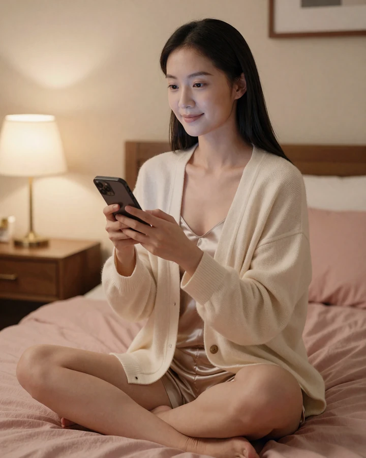 Woman using XLDating in privacy at home with anonymous mode and auto-blur features active