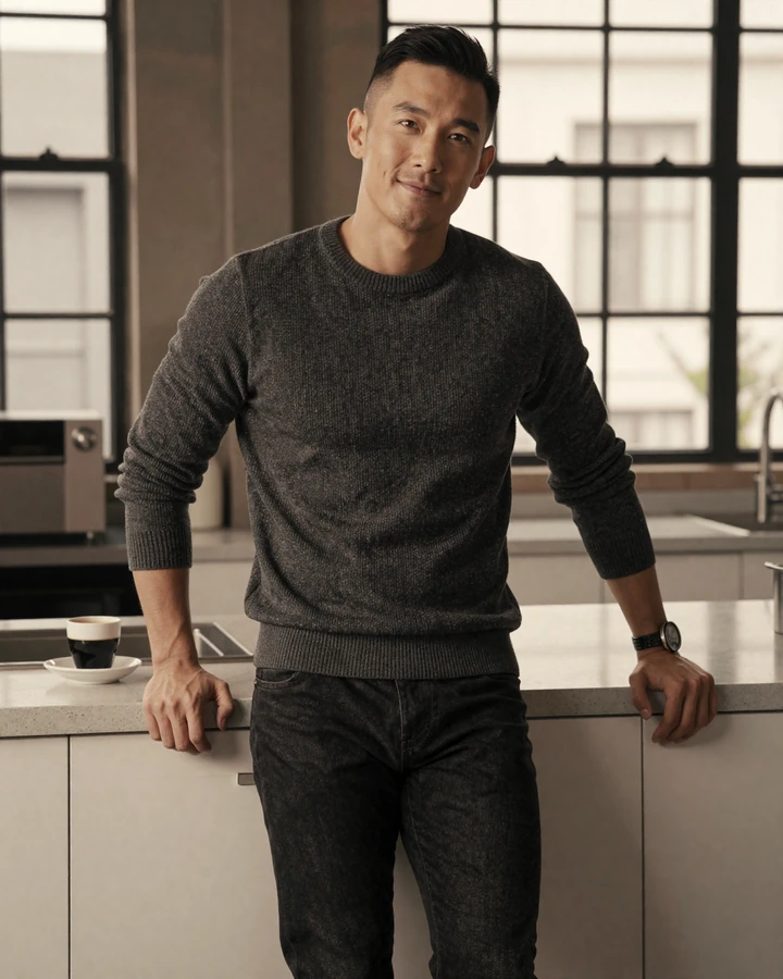 Confident calm man drinking espresso in modern kitchen embodying BDE Confidence Dating member archetype
