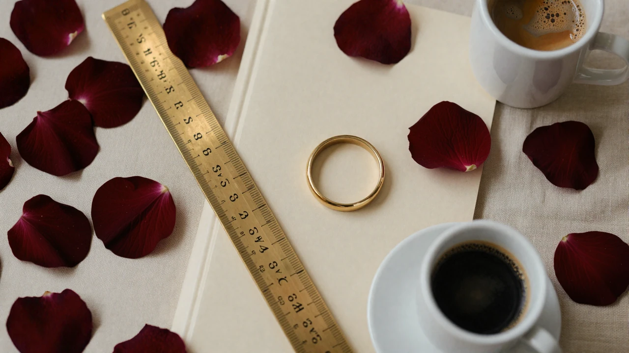 Editorial flat lay with brass ruler and gold accents introducing the featured penis size statistics article